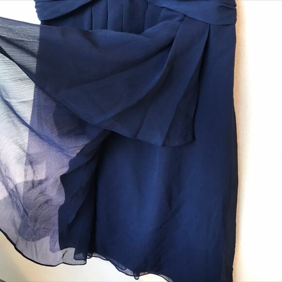 David's Bridal Short Crinkle Chiffon Dress Front Cascade Navy Strapless Mini - Picture 8 of 13